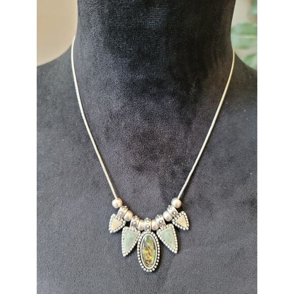 Womens Boho Pendant Necklace Silver Tone Green Stone Tribal Style Beaded Design - Picture 2 of 7